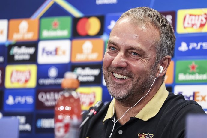 Hansi Flick, head coach of FC Barcelona attends his press conference during the training day of FC Barcelona ahead the UEFA Champions League, football match against Bayern Munich at Ciudad Esportiva Joan Gamper on October 22, 2024 in Sant Joan Despi, Barc