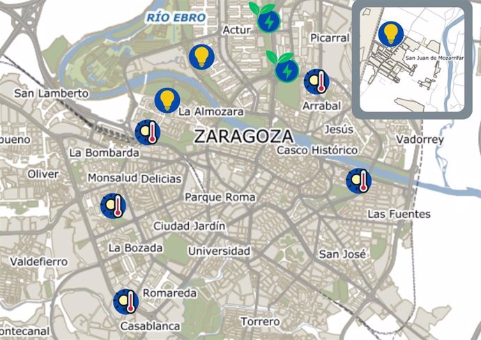 Plano de Zaragoza donde Urbanismo invierte 1,2 millones en proyectos energéticos de 10 equipamientos y evita emitir 702,73 toneladas de CO2