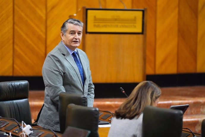 El consejero de la Presidencia, Interior, Diálogo Social y Simplificación Administrativa, Antonio Sanz, en el Pleno del Parlamento andaluz.