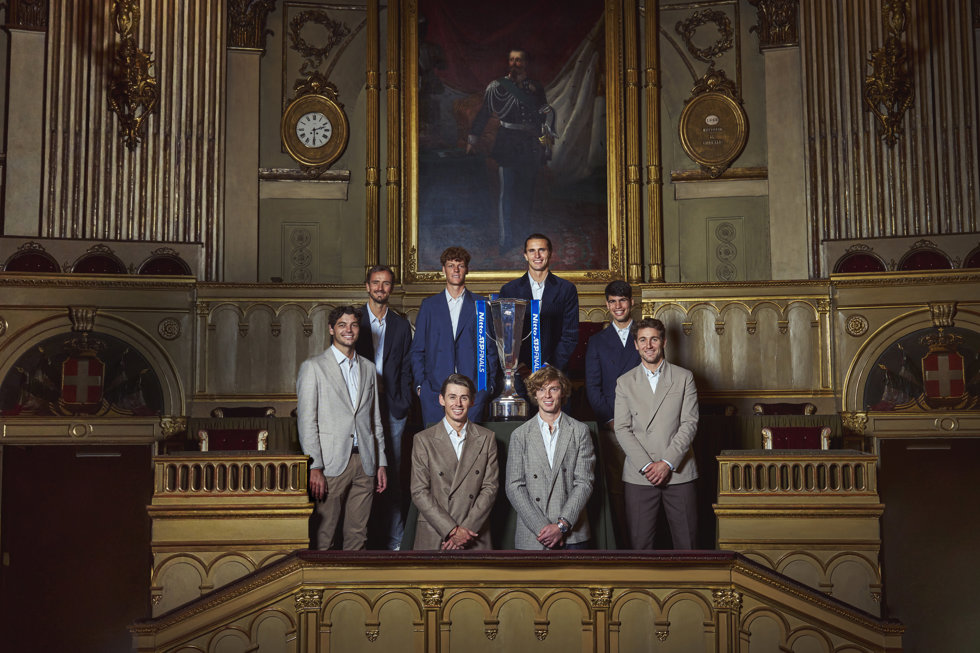 Taylor Fritz, Daniil Medvedev, Jannik Sinner, Alexander Zverev, Carlos Alcaraz, Casper Ruud, Andrey Rublev y Alex de Miñaur, 2024 Nitto ATP Finals.