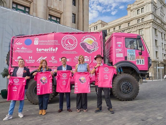 El vicepresidente del Cabildo de Tenerife, Lope Afonso (c), junto al camión del protecto 'Dakar por la vida'