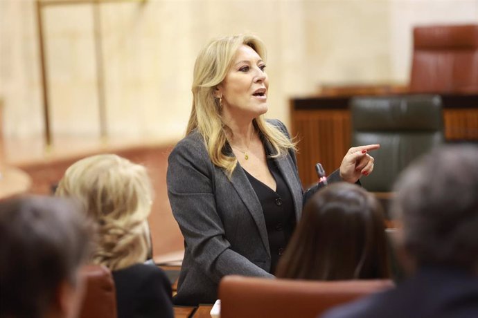 La consejera de Economía, Hacienda y Fondos Europeos, Carolina España durante su intervención en la segunda jornada del Pleno del Parlamento andaluz. A 07 de noviembre de 2024, en Sevilla (Andalucía, España). Segunda jornada de Pleno, con Sesión de Contro