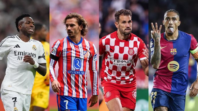 Los jugadores Vinícius Junior (Real Madrid), Antoine Griezmann (Atlético de Madrid), Cristhian Stuani (Girona) y Raphinha (FC Barcelona).