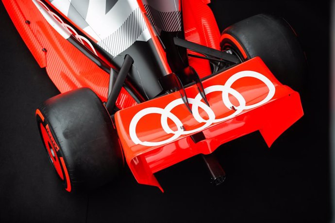 Archivo - rear wing, logo, Audi Sport unveiling a show car to announce their entry to F1 in 2026 during the Formula 1 Rolex Belgian Grand Prix 2022.