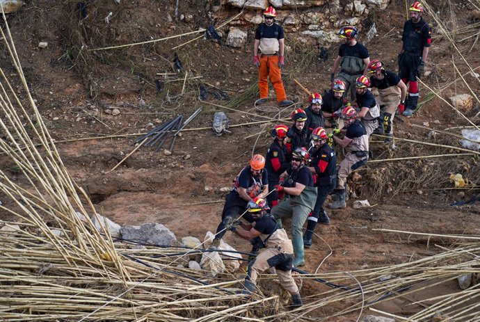 Efectivos de la UME trabajan quitando árboles, a 7 de noviembre de 2024, en Cheste, Valencia, Comunidad Valenciana (España). El Boletín Oficial del Estado (BOE) ha publicado hoy la declaración de zona gravemente afectada por una emergencia de Protección C