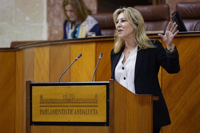 La consejera de Economía, Hacienda y Fondos Europeos, Carolina España, en el Parlamento de Andalucía.