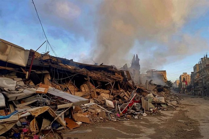 October 13, 2024, Nabatieh, Nabatieh, Lebanon: Rubble and damage from Israeli overnight air strikes that destroyed a whole market in the southern Lebanese city of Nabatieh. Eight people were wounded in the attacks that targeted the city's old market, loca