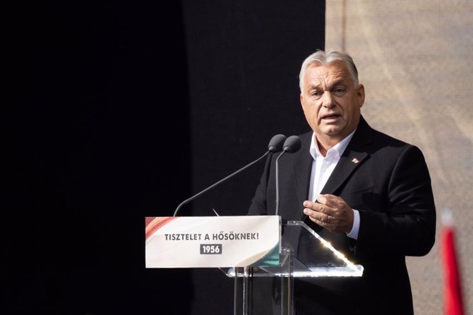 BUDAPEST, Oct. 23, 2024  -- Hungarian Prime Minister Viktor Orban speaks during an event marking the 68th anniversary of the 1956 revolution in Budapest, Hungary, on Oct. 23, 2024. TO GO WITH "Orban criticizes EU pressure, defends Hungary's sovereignty in