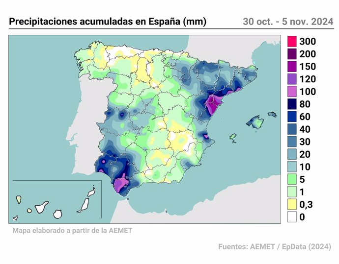 Infografía con valores acumulados de precipitaciones en España entre el 30 de octubre y el 5 de noviembre.