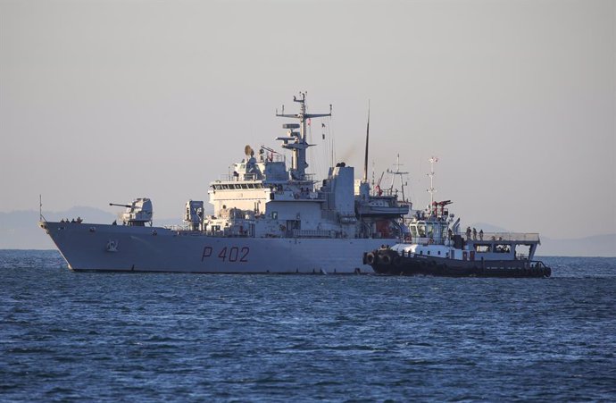 October 16, 2024, Shengjin, Shengjin, Albania: The Italian navy ship Libra arrives at the port of Shengjin to bring the first migrants whose asylum applications will be processed in Albania instead of in Italy, accompanied by UNHCR officials, arrive to ce