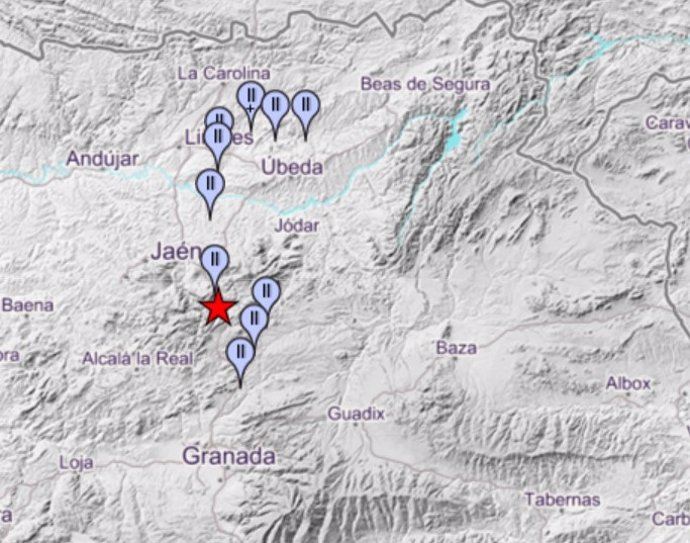 Mapa con la localización del terremoto de Cárcheles y las poblaciones donde se ha sentido.