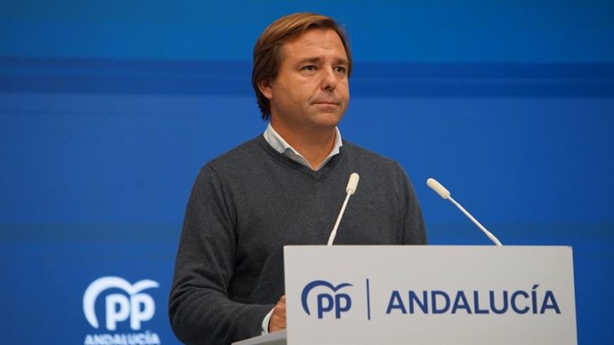 El secretario general del PP-A, Antonio Repullo, en rueda de prensa en Sevilla.