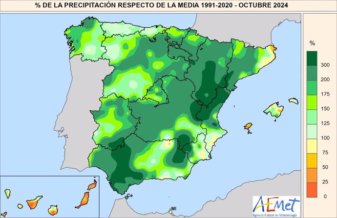 Octubre de 2024 fue el más lluvioso de la serie histórica, con una media de 147 l/m2, casi el doble de lo normal.