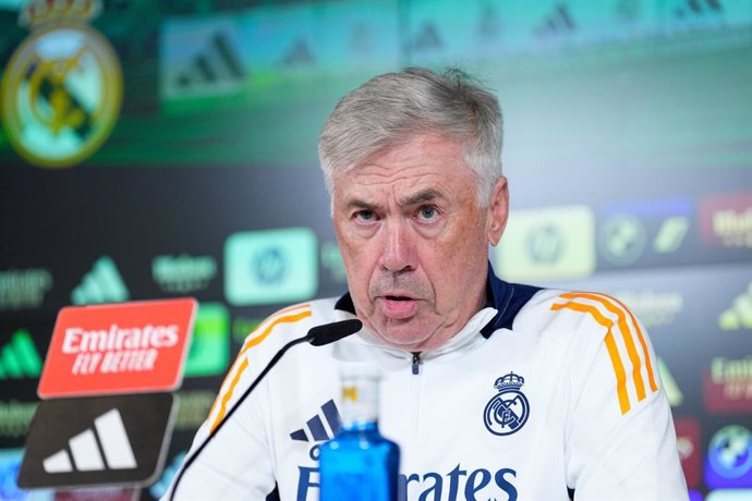 Carlo Ancelotti attends his press conference during the training day of Real Madrid ahead the Spanish League, LaLiga EA Sports, football match against CA Osasuna at Ciudad Deportiva Real Madrid on November 08, 2024, in Valdebebas, Madrid, Spain.