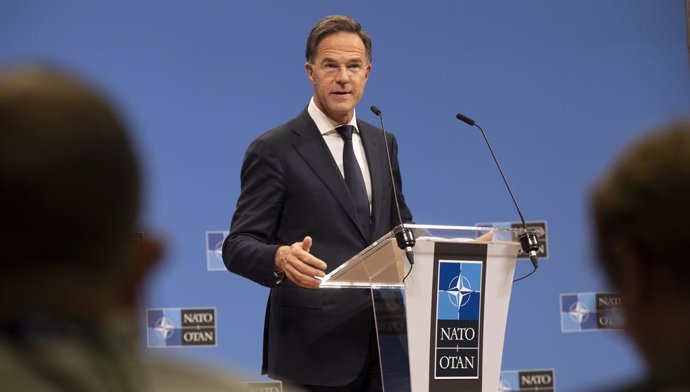 HANDOUT - 16 October 2024, Belgium, Brussels: NATO Secretary General Mark Rutte speaks during a press conference ahead of the meeting of NATO Defence Ministers. Photo: -/NATO/dpa - ATTENTION: editorial use only and only if the credit mentioned above is re