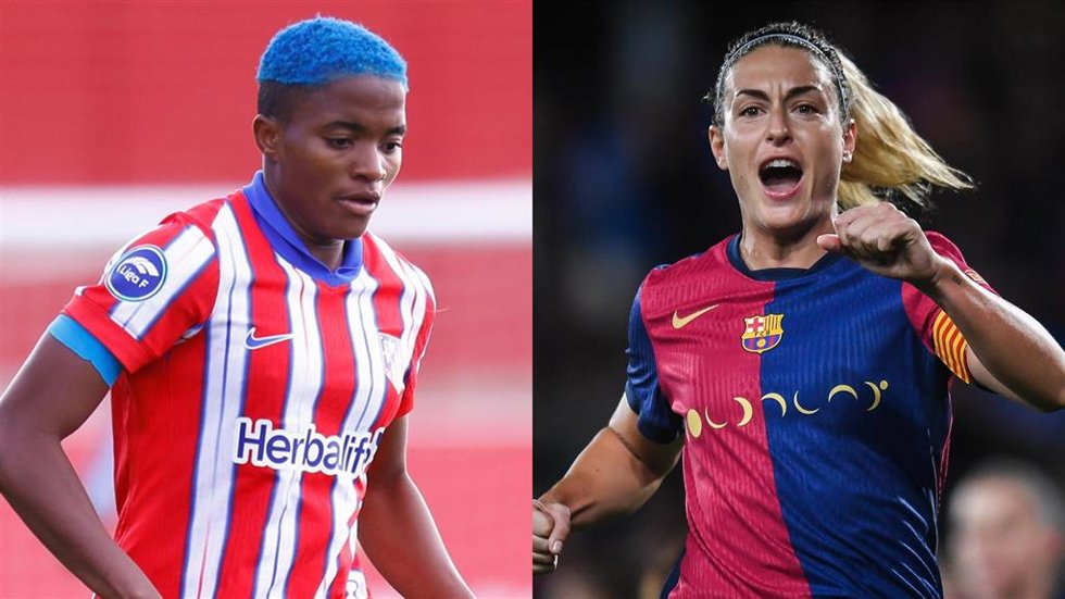 Las futbolistas Rasheedat Ajibade (Atlético de Madrid) y Alexia Putellas (Bara Femení), en la Liga F.
