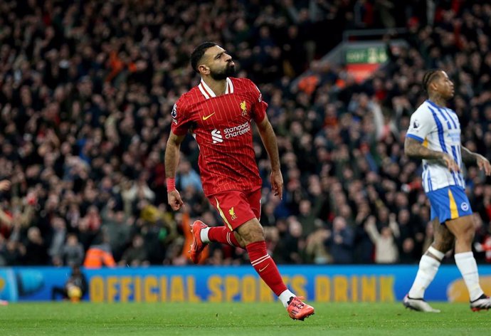 02 November 2024, United Kingdom, Liverpool: Liverpool's Mohamed Salah celebrates scoring his side's second goal during the English Premier League soccer match between Liverpool and Brighton and Hove Albion at the Anfield. Photo: Nigel French/PA Wire/dpa