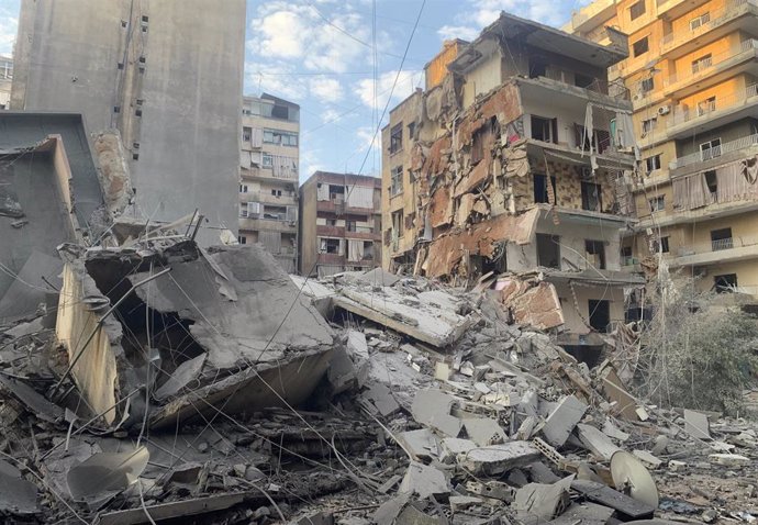 BEIRUT, Nov. 7, 2024  -- This photo shows the damage caused by Israeli airstrikes in the southern suburb of Beirut, Lebanon, on Nov. 7, 2024. Israeli warplanes on Wednesday afternoon launched eight violent airstrikes on Beirut's southern suburbs after day