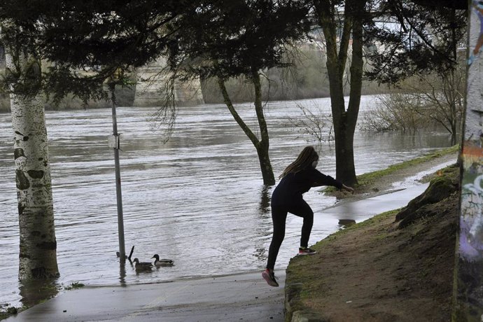 Archivo - Una mujer se sube a una zona segura debido a la inundación del río Miño en la zona de la playa de la Antena, en Ourense, Galicia (España), a 11 de febrero de 2021. El volumen del Miño a su paso por la ciudad presentó ayer un elevado volumen, de 