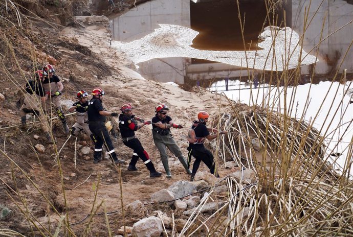 Efectivos de la UME trabajan quitando árboles, a 7 de noviembre de 2024, en Cheste, Valencia, Comunidad Valenciana (España). El Boletín Oficial del Estado (BOE) ha publicado hoy la declaración de zona gravemente afectada por una emergencia de Protección C