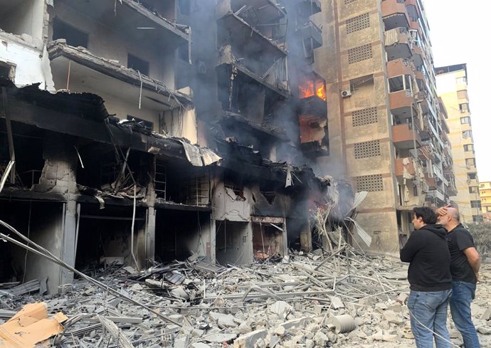 BEIRUT, Nov. 10, 2024  -- This photo shows the damage caused by Israeli airstrikes in the southern suburb of Beirut, Lebanon, on Nov. 9, 2024. Israel launched 11 airstrikes on Friday night targeting areas in Dahieh, a southern suburb of Beirut widely rega