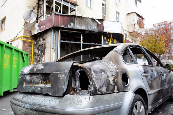 November 9, 2024, Kyiv, Ukraine: Burned car stand in the street after a Russian drone attack on October 29, 2024 in Kyiv, Ukraine. During the night, the Russian army attacked the city with drones.