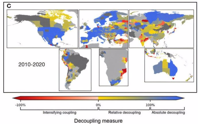 Tasas de desvinculación entre las emisiones de CO2 y el producto regional bruto en todo el mundo. El mapa ilustra las tasas de desvinculación regional por decenios para el período 2010-2020.