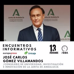 Cartel anunciador del encuentro informativo de Europa Press Andalucía con el consejero de Universidad, Investigación e Innovación, José Carlos Gómez Villamandos, el próximo 13 de noviembre en Sevilla