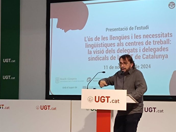 El secretario general de UGT de Catalunya, Camil Ros, en la presentación del informe de este lunes