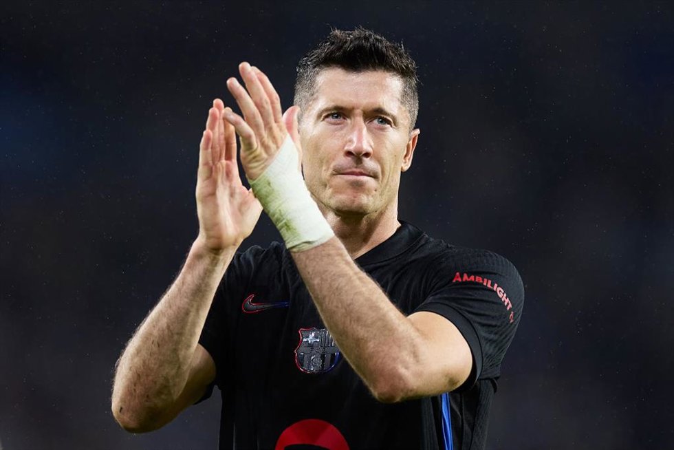 Robert Lewandowski of FC Barcelona reacts during the LaLiga EA Sports match between Real Sociedad and FC Barcelona at Reale Arena on November 10, 2024, in San Sebastian, Spain.