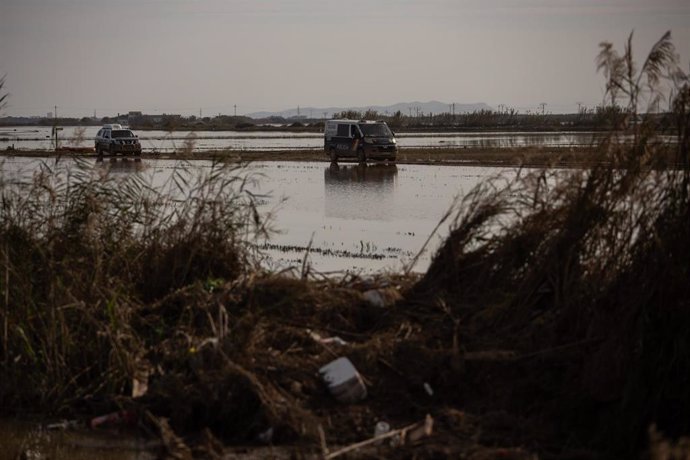 Dos furgones de Policía Nacional en la Albufera de Valencia, tras el paso de la DANA, a 9 de noviembre