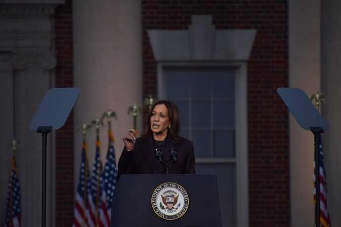 06 November 2024, US, Washington: US Vice President Kamala Harris gives a speech at Howard University after failing to defend former President Donald Trump in the 2024 presidential election. Photo: Madeleine Kelly/ZUMA Press Wire/dpa