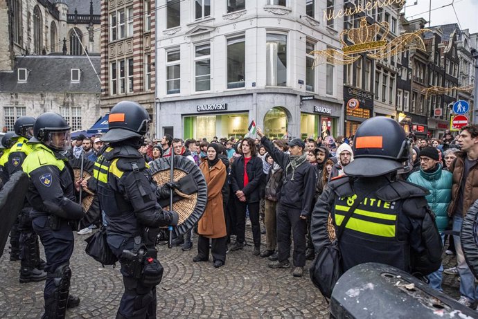 November 10, 2024, Amsterdam, North Holland, Netherlands: On November 10, 2024, demonstrators in the Netherlands held an unauthorized protest in Dam Square, Amsterdam. This was in response to the labeling of a November 7 protest turned violent as anti-sem