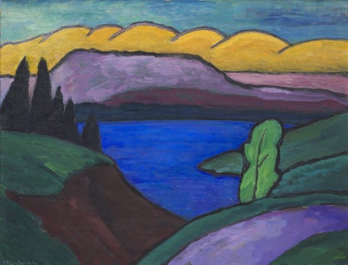 Gabriele Münter, El lago azul, 1954. Óleo sobre lienzo. Lentos Kunstmuseum Linz  Gabriele Münter, VEGAP