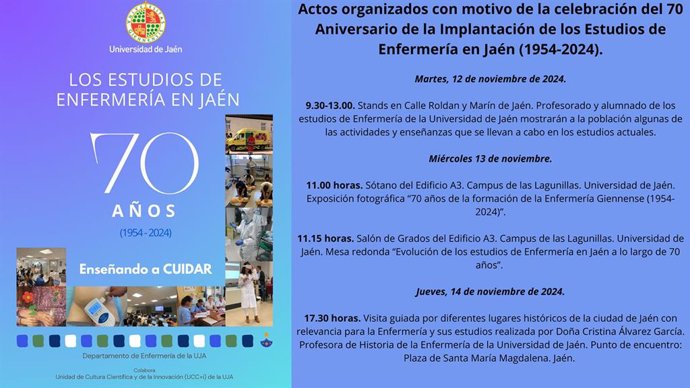 Cartel con los actos conmemorativos del 70 aniversario de los estudios de Enfermería en Jaén.