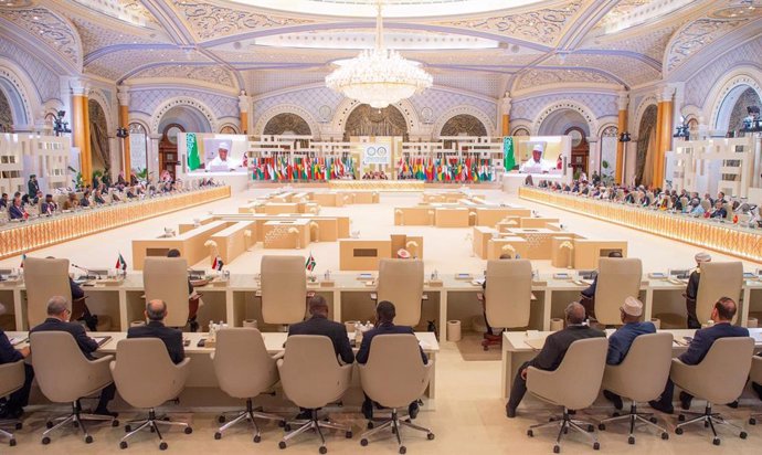 November 11, 2024, Riyadh, Riyadh, Saudi Arabia: Saudi Crown Prince Mohammed bin Salman addressing the joint extraordinary leaders summit of the Organization of Islamic Cooperation (OIC) and the Arab League in Riyadh, on November 11, 2024. Saudi Crown Pri