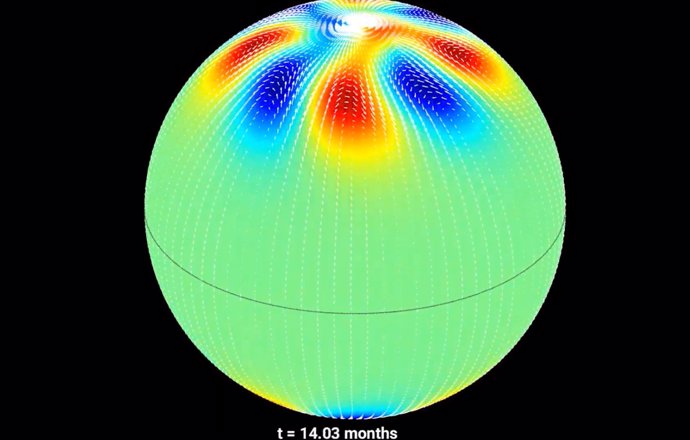 Esta imagen fija de una visualización muestra vórtices polares formándose, migrando hacia los polos del Sol y luego desapareciendo.