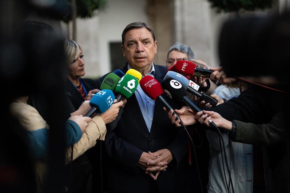 El ministro de Agricultura, Pesca y Alimentación, Luis Planas, ofrece declaraciones a los medios tras su reunión con el conseller de Agricultura, Agua, Ganadería y Pesca, durante su visita a Valencia para analizar los efectos de la DANA