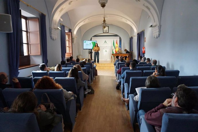 Gálvez (al fondo) presenta las ayudas de la Junta con los programas Andalucía Activa y Emplea-T.