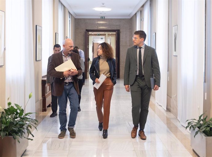 (I-D) Los diputados de Sumar, Txema Guijarro; Aina Vidal y Jorge Pueyo, a su llegada a una reunión de la Junta de Portavoces, en el Congreso de los Diputados, a 29 de octubre de 2024, en Madrid (España).