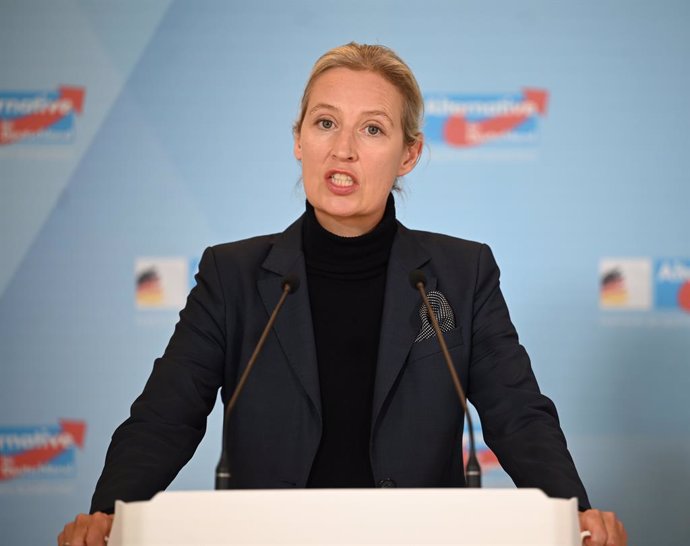 05 November 2024, Berlin: Alice Weidel, Chairman of Alternative for Germany (AfD) and leader of the AfD parliamentary group, gives a press statement at the start of the AfD Bundestag parliamentary group meeting. Photo: Alina Grünky/dpa