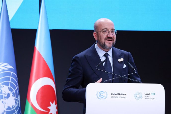 HANDOUT - 12 November 2024, Azerbaijan, Baku: European Council's President Charles Michel speaks during the UN Climate Change Conference COP29 at Baku Stadium. Photo: Dario Pignatelli/EU Council/dpa