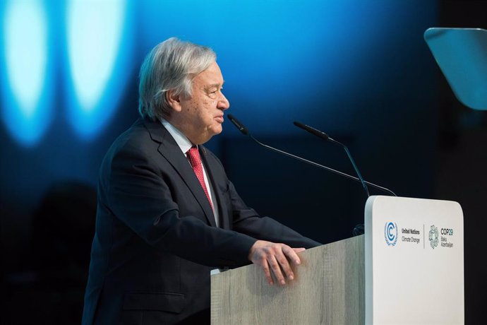 HANDOUT - 12 November 2024, Azerbaijan, Baku: UN's Secretary- General Antonio Guterres speaks during the 2024 United Nations Climate Change Conference COP29 at Baku Stadium. Photo: -/COP29/dpa - ATTENTION: editorial use only and only if the credit mention