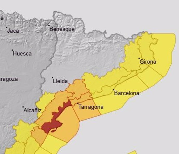 Temporal.- Aemet activa el aviso rojo en el litoral sur de Tarragona por fuertes lluvia y tormentas