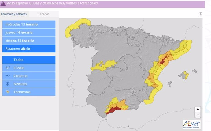 Mapa de avisos a 13 de noviembre de 2024.