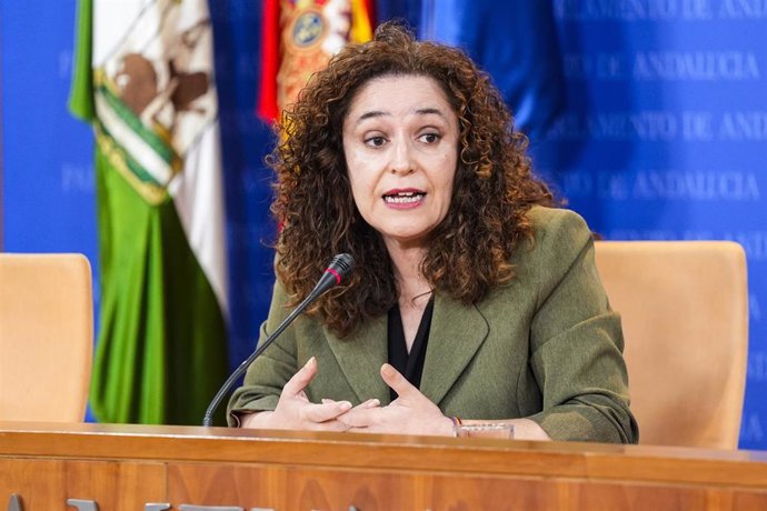 La portavoz del Grupo Por Andalucía, Inmaculada Nieto, durante la ronda de ruedas de prensa de portavoces de los grupos parlamentarios en el Parlamento de Andalucía, a 13 de noviembre de 2024 en Sevilla (Andalucía, España). Los portavoces de los grupos pa