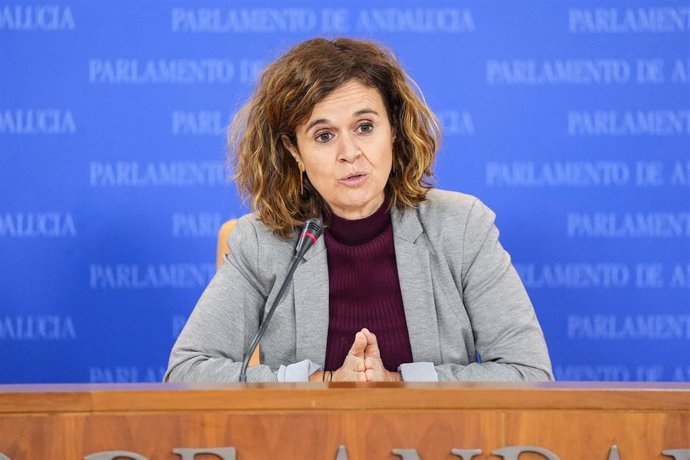 La portavoz adjunta del Grupo Por Andalucía, Esperanza Gómez, durante la ronda de ruedas de prensa de portavoces de los grupos parlamentarios en el Parlamento de Andalucía, a 13 de noviembre de 2024 en Sevilla (Andalucía, España). Los portavoces de los gr