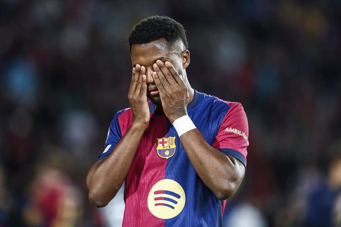 Ansu Fati of FC Barcelona reacts after winning the UEFA Champions League 2024/25 League Phase MD3 match between FC Barcelona and FC Bayern Munchen at Estadi Olimpic Lluis Companys on October 23, 2024 in Barcelona, Spain.