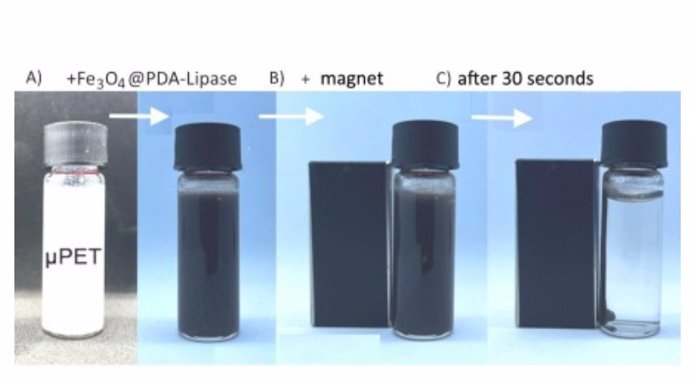 Resumen del proceso de purificación: agua contaminada con microplásticos (PET); adición de nanopartículas magnéticas funcionalizadas con polidopamina y lipasa; eliminación de nanopartículas con microplásticos mediante un imán