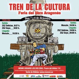 CArtel del Tren de la Cultura, que acerca la Feria del Libro Aragonés de Monzón y permite acceder al belén más grande de España